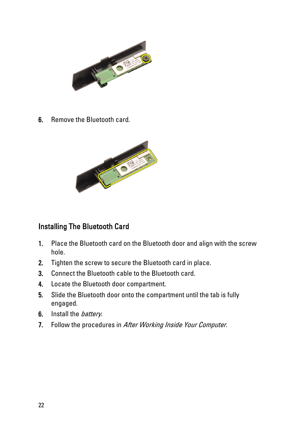 Installing the bluetooth card | Dell Precision M6600 (Mid 2011) User Manual | Page 22 / 136
