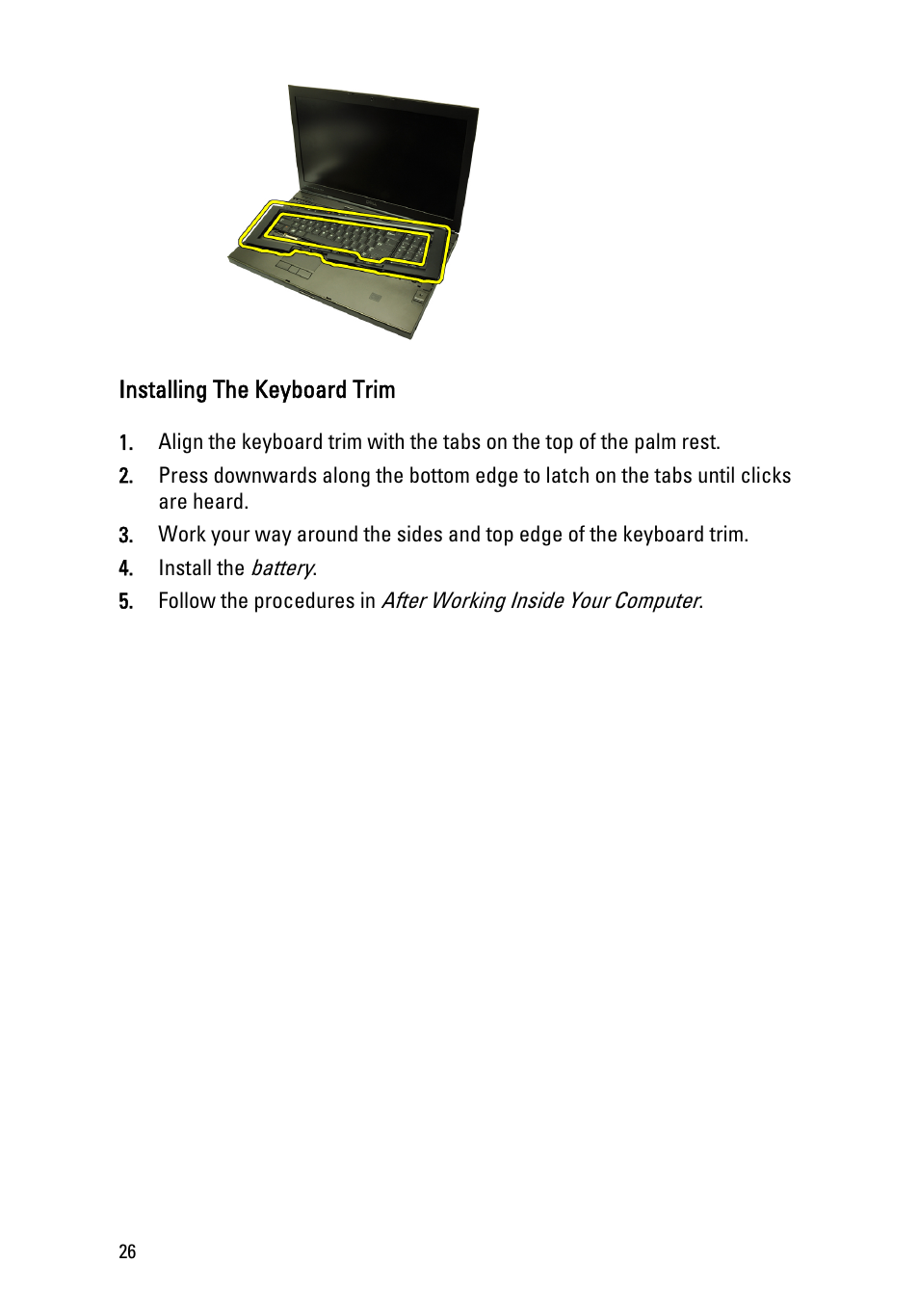 Installing the keyboard trim | Dell Precision M6600 (Mid 2011) User Manual | Page 26 / 136