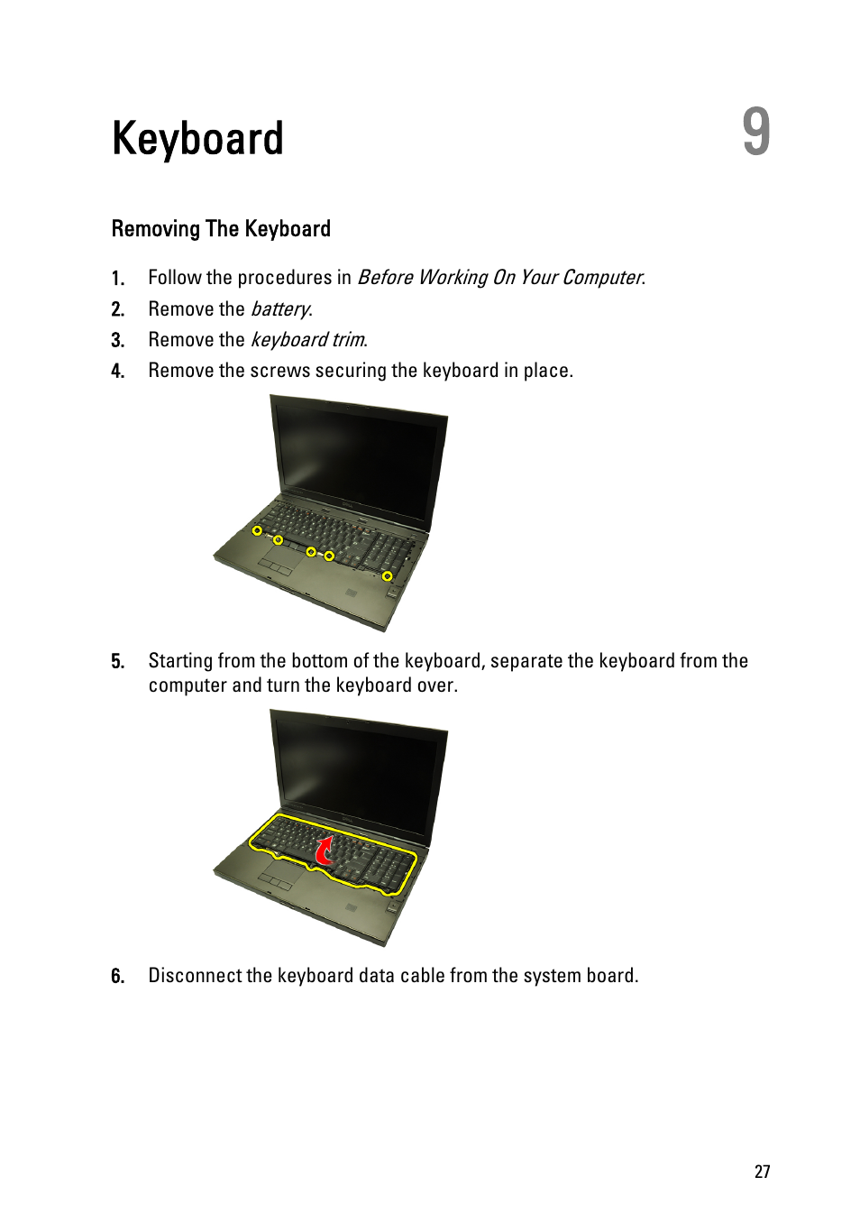 Keyboard, Removing the keyboard, 9 keyboard | Dell Precision M6600 (Mid 2011) User Manual | Page 27 / 136