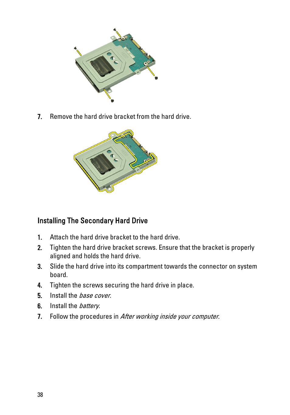 Installing the secondary hard drive | Dell Precision M6600 (Mid 2011) User Manual | Page 38 / 136