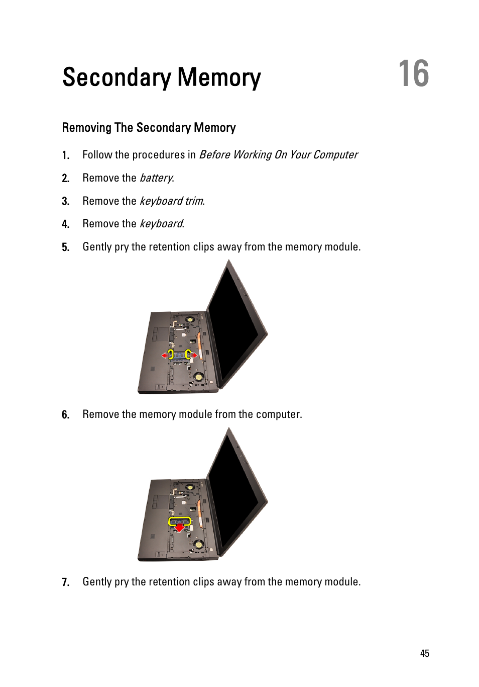 Secondary memory, Removing the secondary memory, 16 secondary memory | Dell Precision M6600 (Mid 2011) User Manual | Page 45 / 136