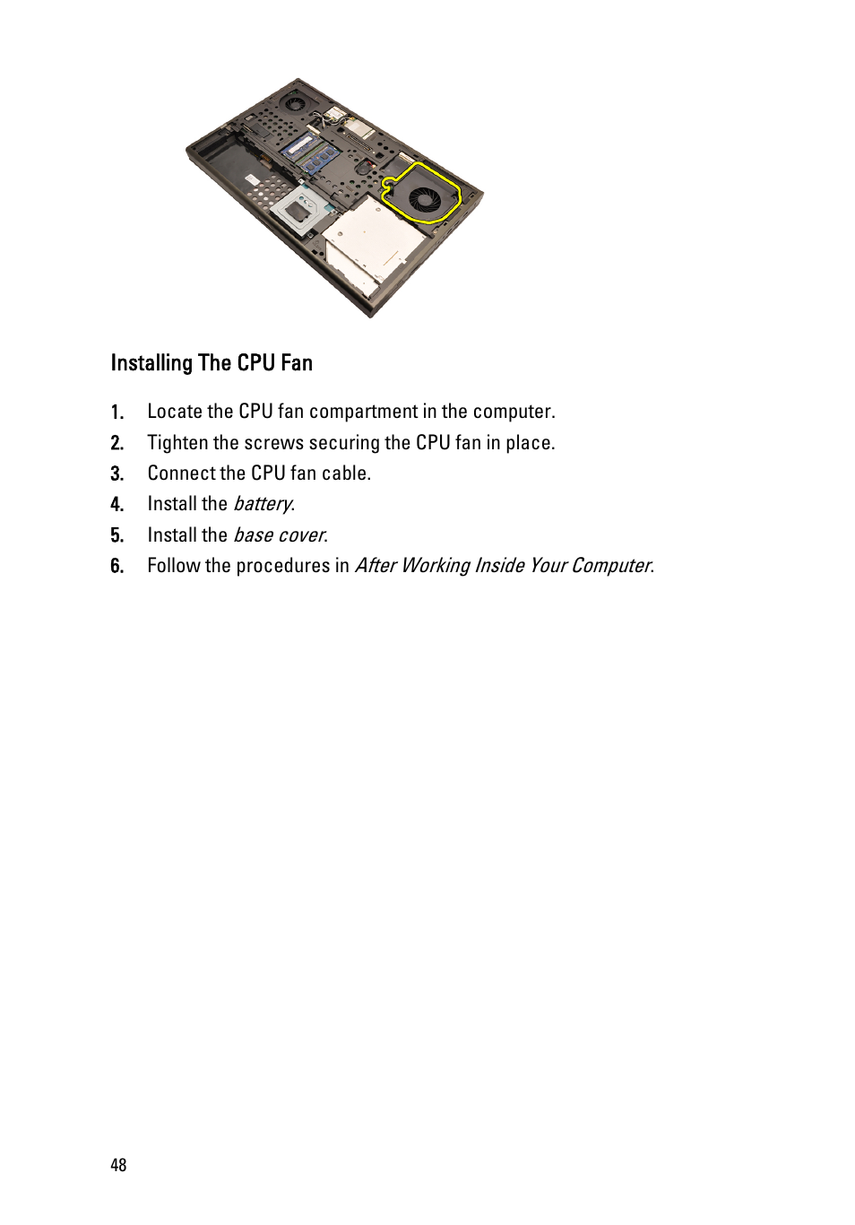 Installing the cpu fan | Dell Precision M6600 (Mid 2011) User Manual | Page 48 / 136