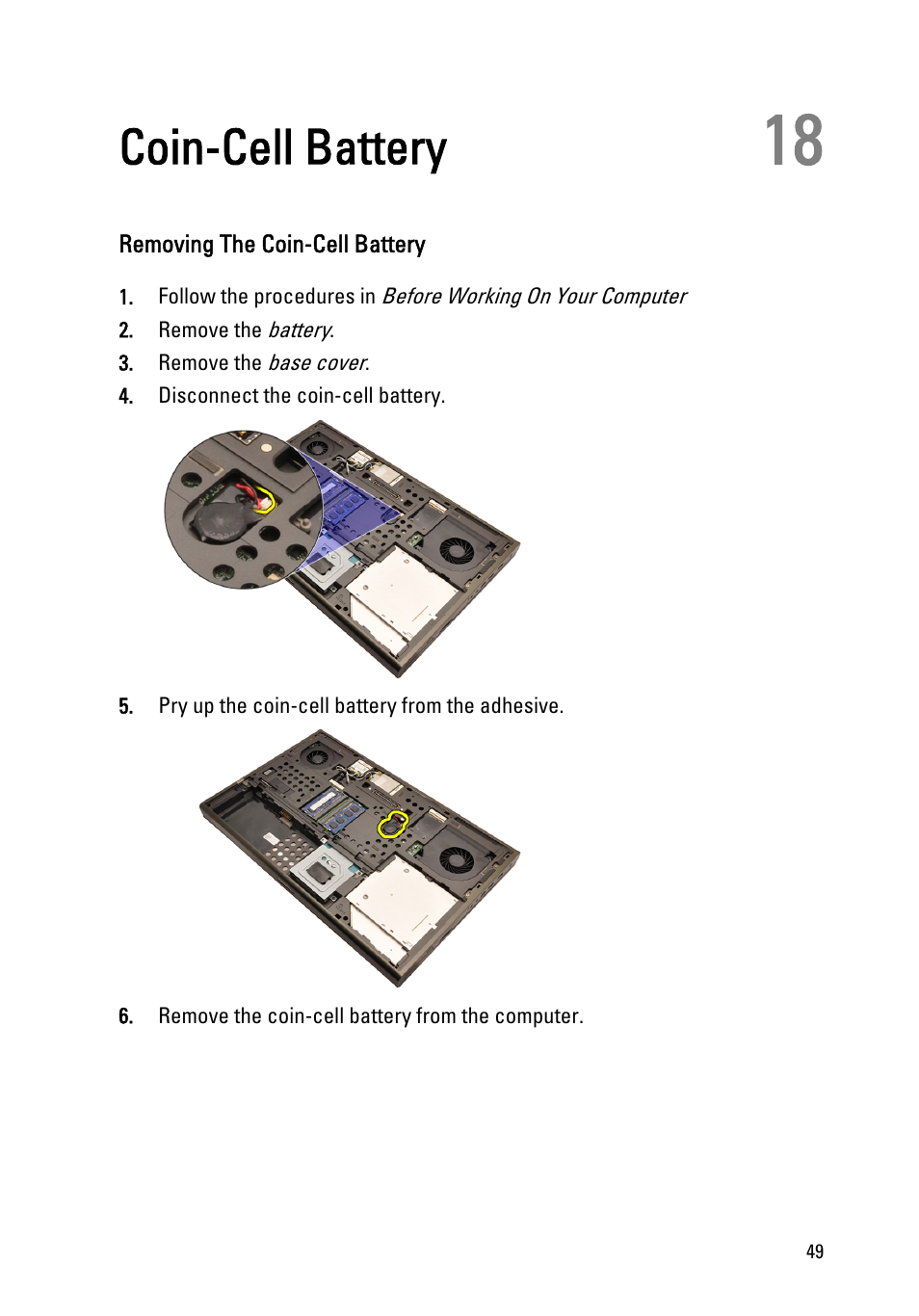 Coin-cell battery, Removing the coin-cell battery, 18 coin-cell battery | Dell Precision M6600 (Mid 2011) User Manual | Page 49 / 136