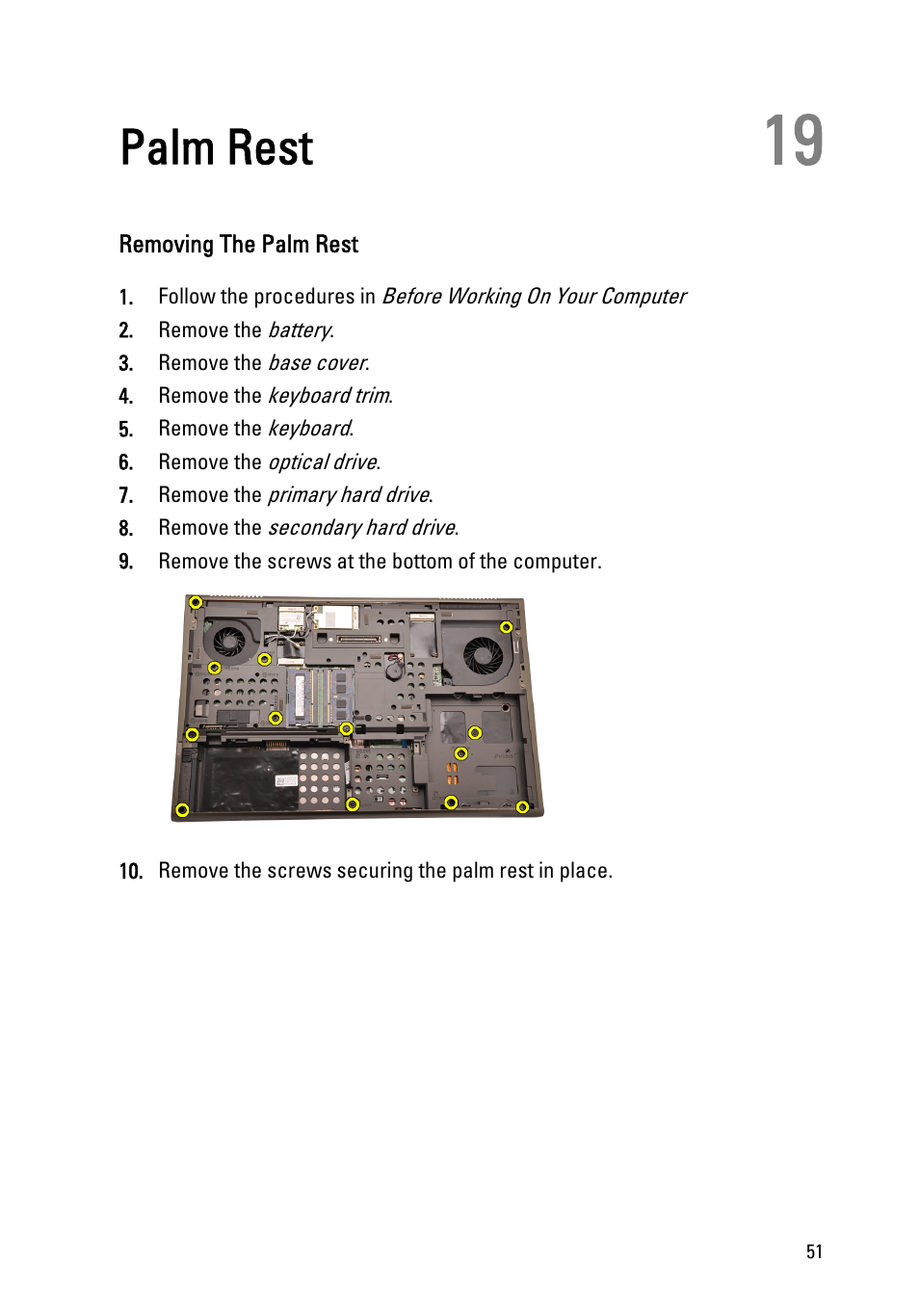 Palm rest, Removing the palm rest, 19 palm rest | Dell Precision M6600 (Mid 2011) User Manual | Page 51 / 136