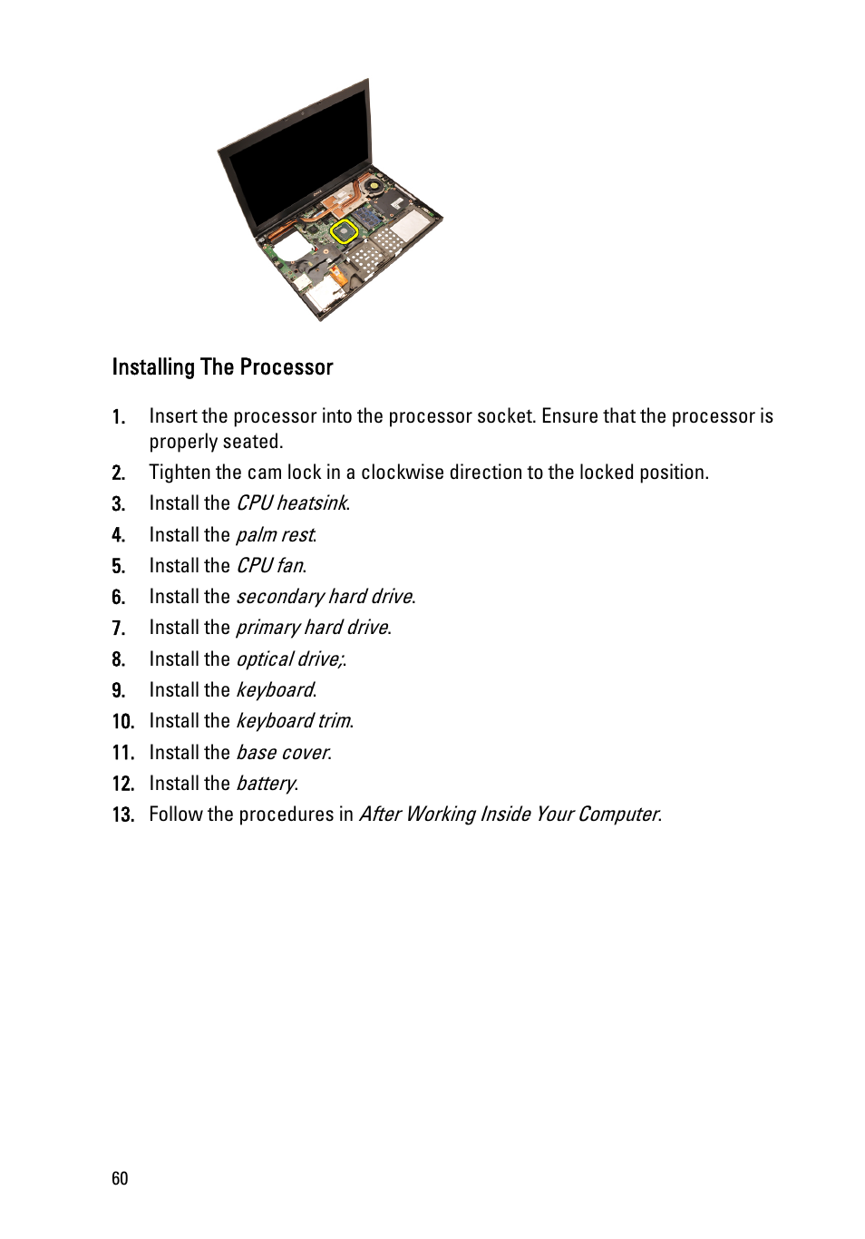 Installing the processor | Dell Precision M6600 (Mid 2011) User Manual | Page 60 / 136