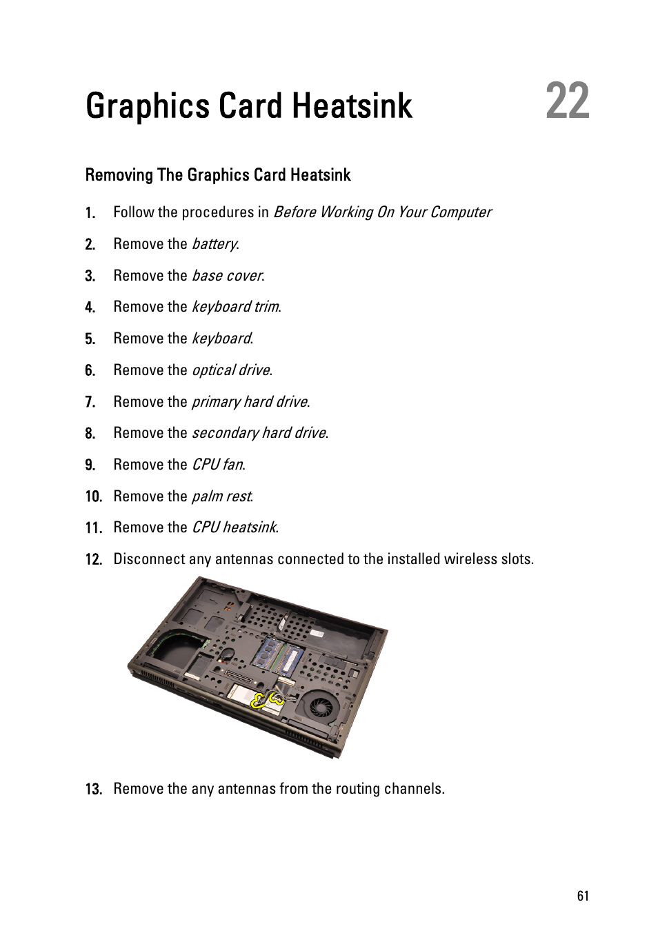 Graphics card heatsink, Removing the graphics card heatsink, 22 graphics card heatsink | Dell Precision M6600 (Mid 2011) User Manual | Page 61 / 136