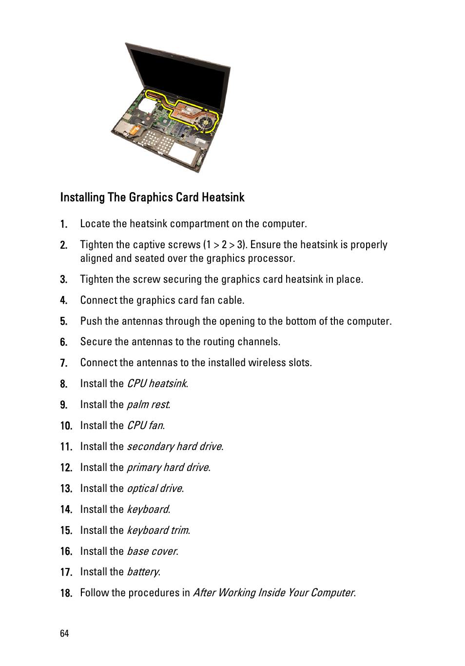 Installing the graphics card heatsink | Dell Precision M6600 (Mid 2011) User Manual | Page 64 / 136