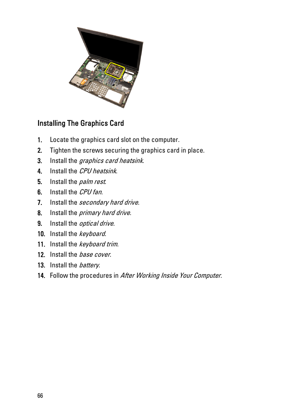 Installing the graphics card | Dell Precision M6600 (Mid 2011) User Manual | Page 66 / 136