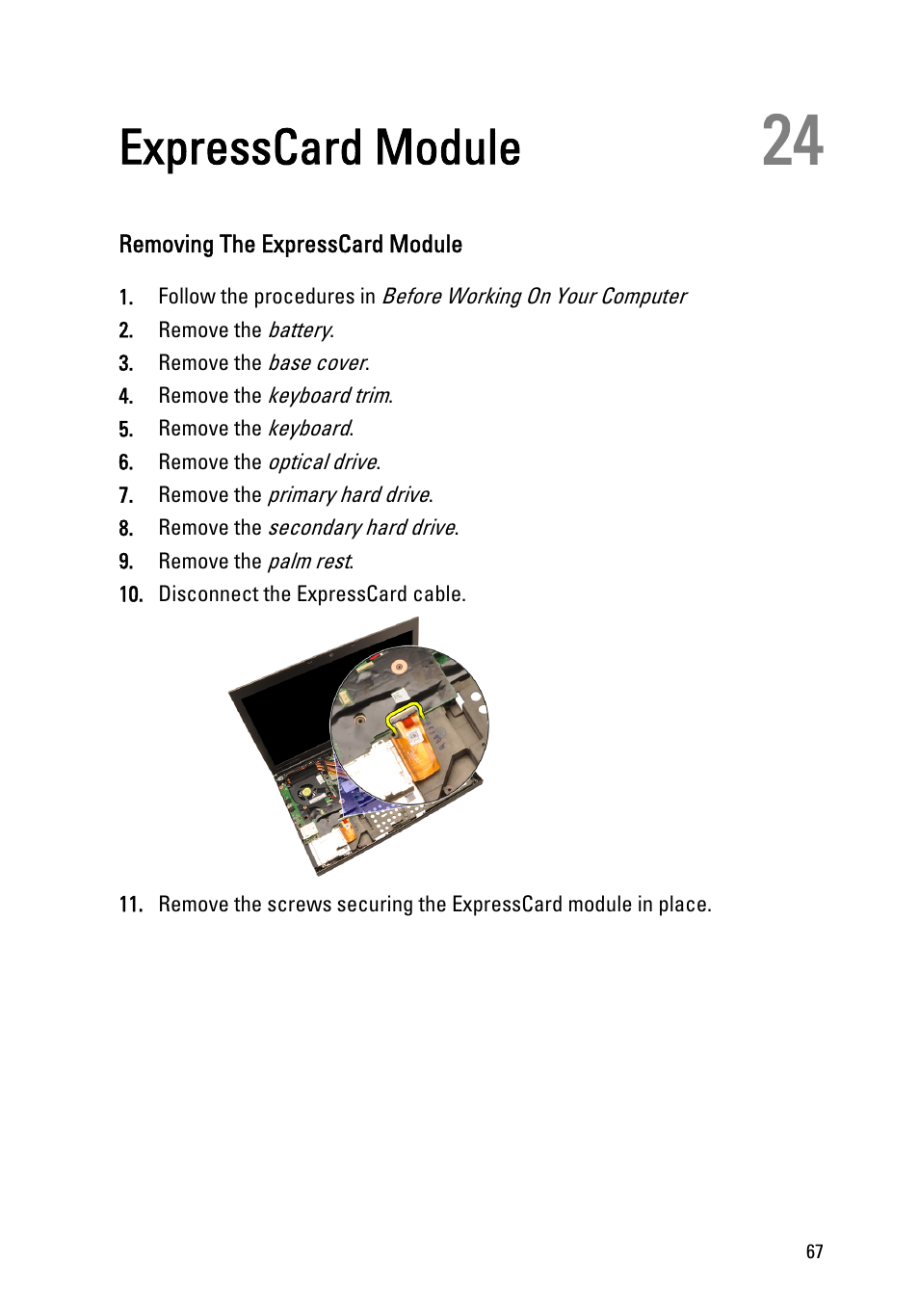Expresscard module, Removing the expresscard module, 24 expresscard module | Dell Precision M6600 (Mid 2011) User Manual | Page 67 / 136
