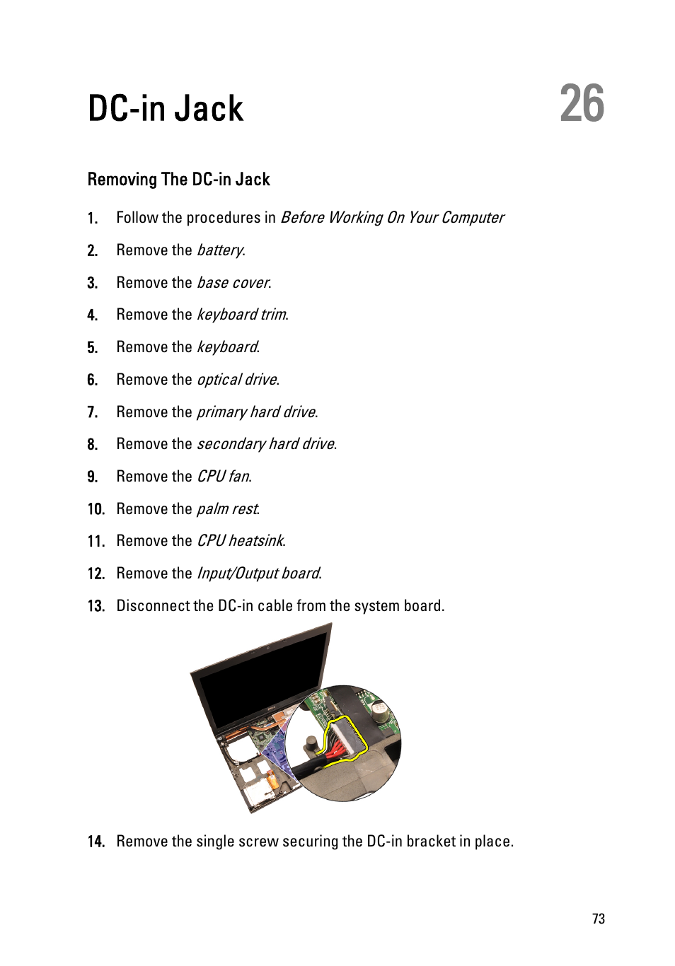 Dc-in jack, Removing the dc-in jack, 26 dc-in jack | Dell Precision M6600 (Mid 2011) User Manual | Page 73 / 136