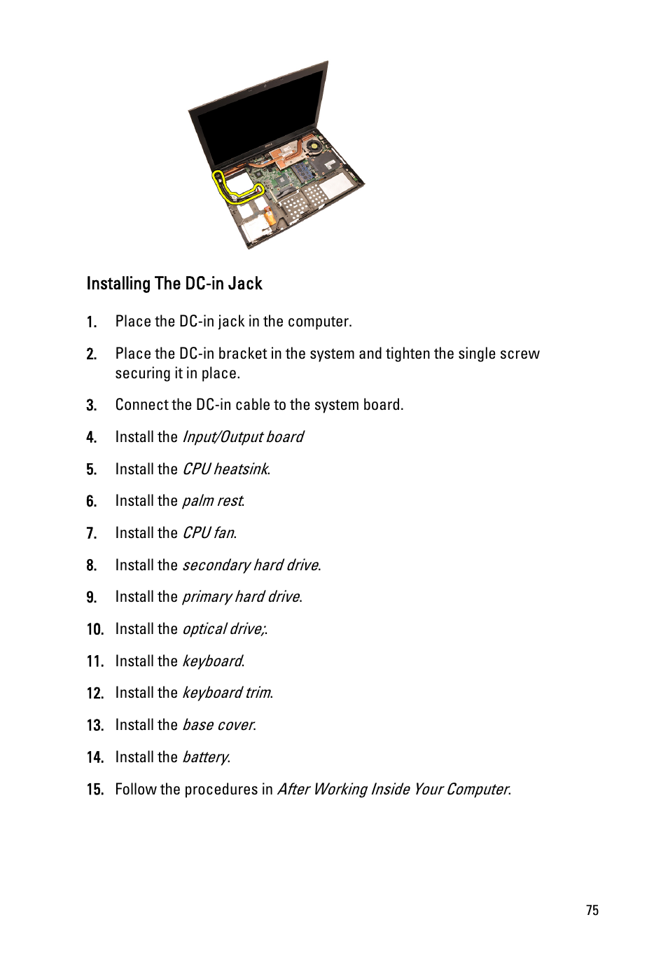 Installing the dc-in jack | Dell Precision M6600 (Mid 2011) User Manual | Page 75 / 136