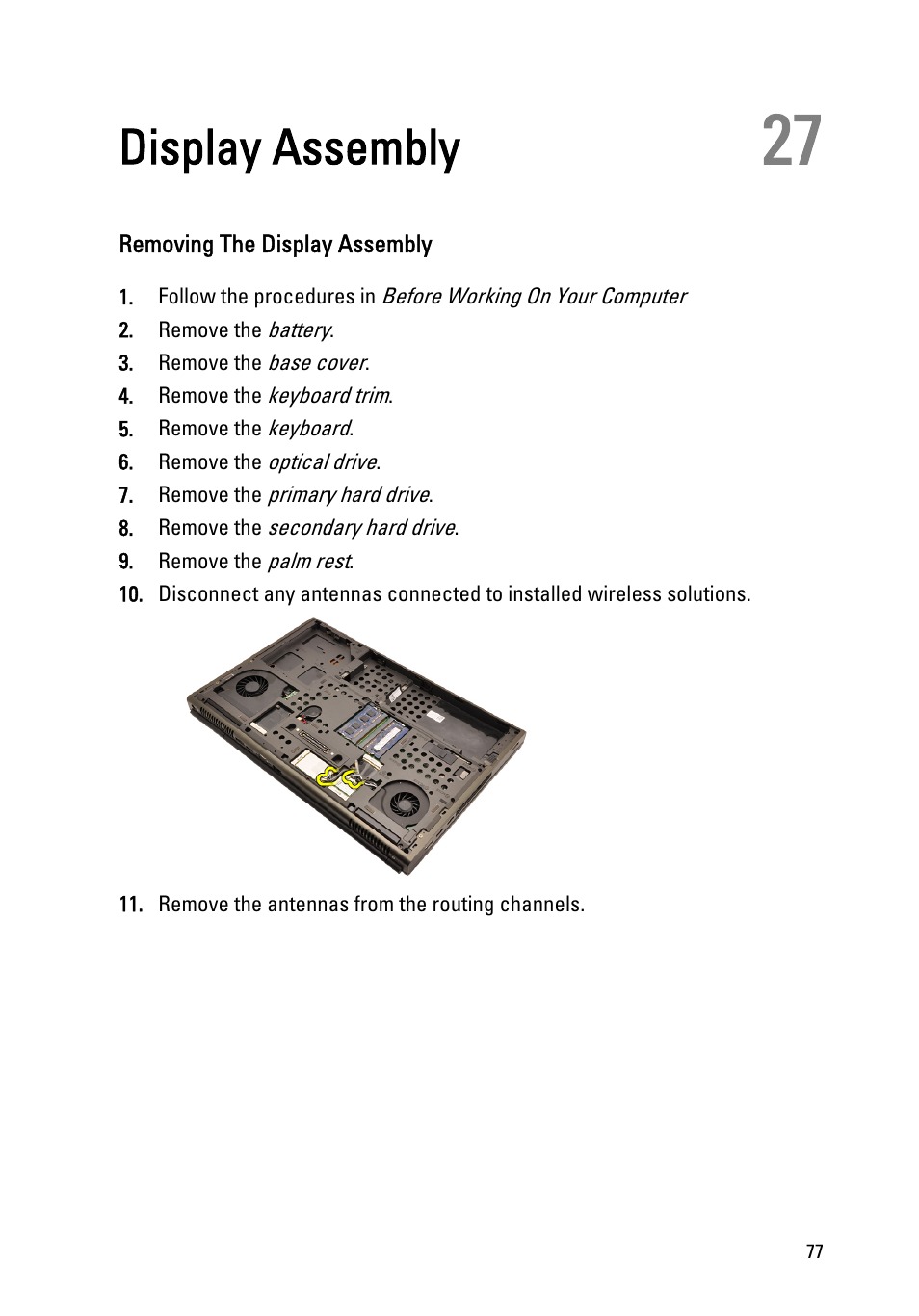 Display assembly, Removing the display assembly, 27 display assembly | Dell Precision M6600 (Mid 2011) User Manual | Page 77 / 136