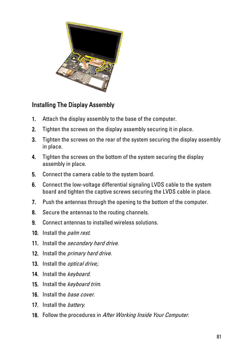 Installing the display assembly | Dell Precision M6600 (Mid 2011) User Manual | Page 81 / 136
