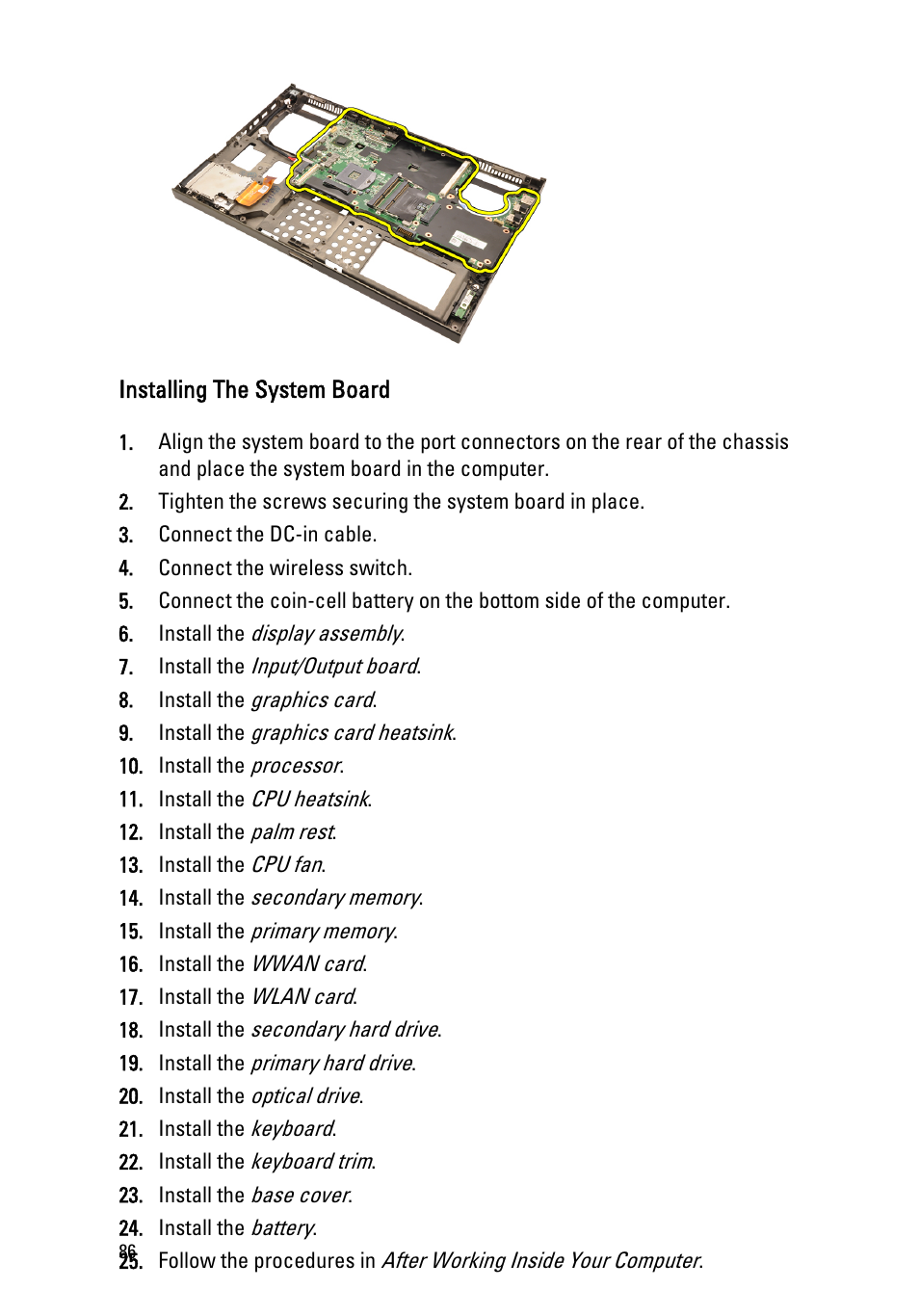 Installing the system board | Dell Precision M6600 (Mid 2011) User Manual | Page 86 / 136