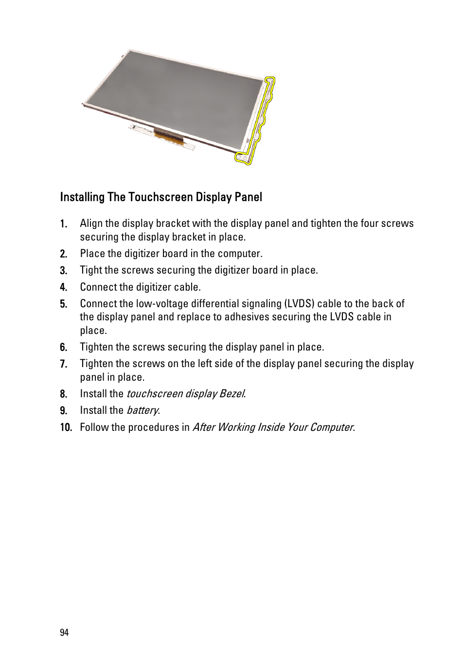 Installing the touchscreen display panel | Dell Precision M6600 (Mid 2011) User Manual | Page 94 / 136