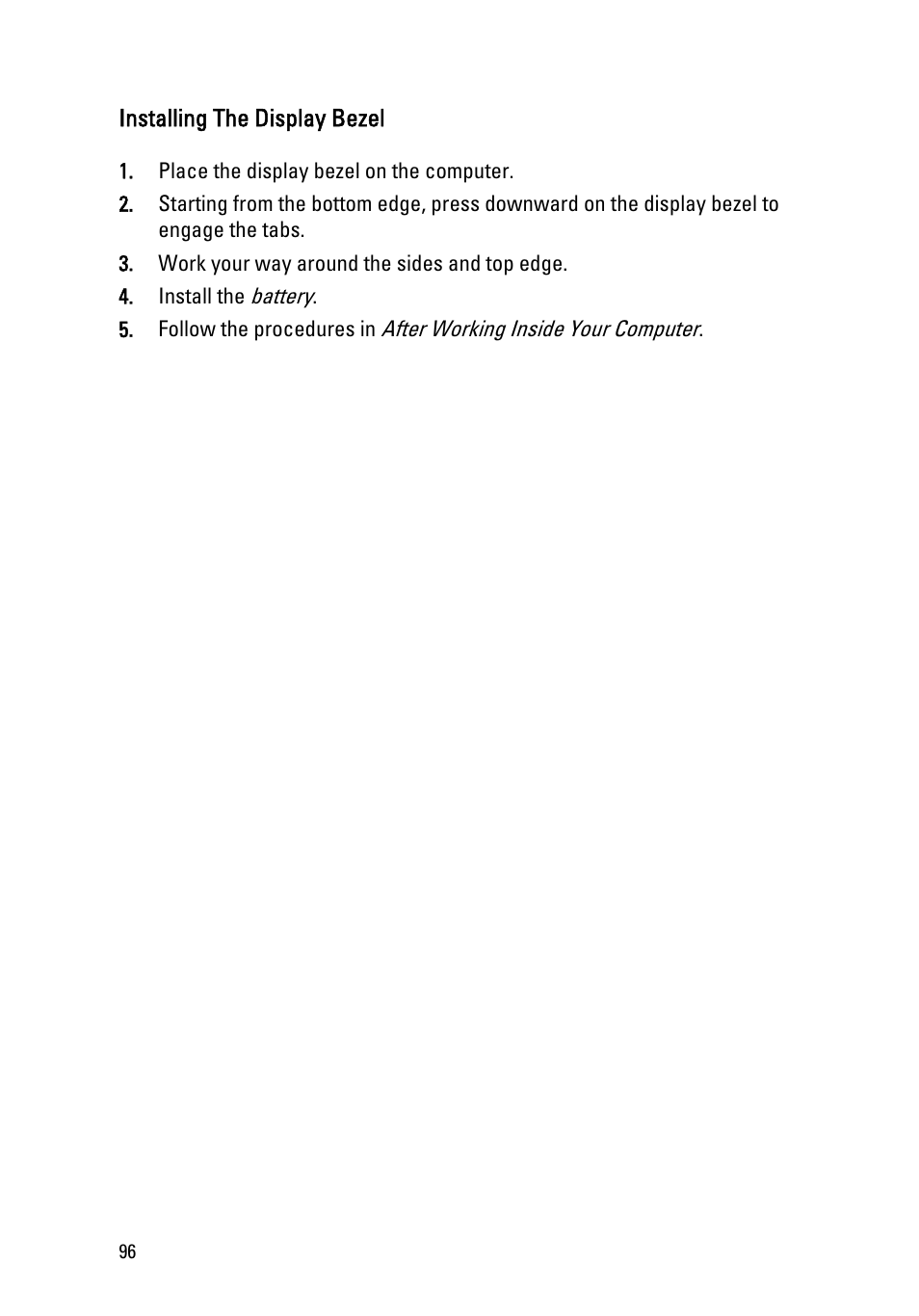 Installing the display bezel | Dell Precision M6600 (Mid 2011) User Manual | Page 96 / 136