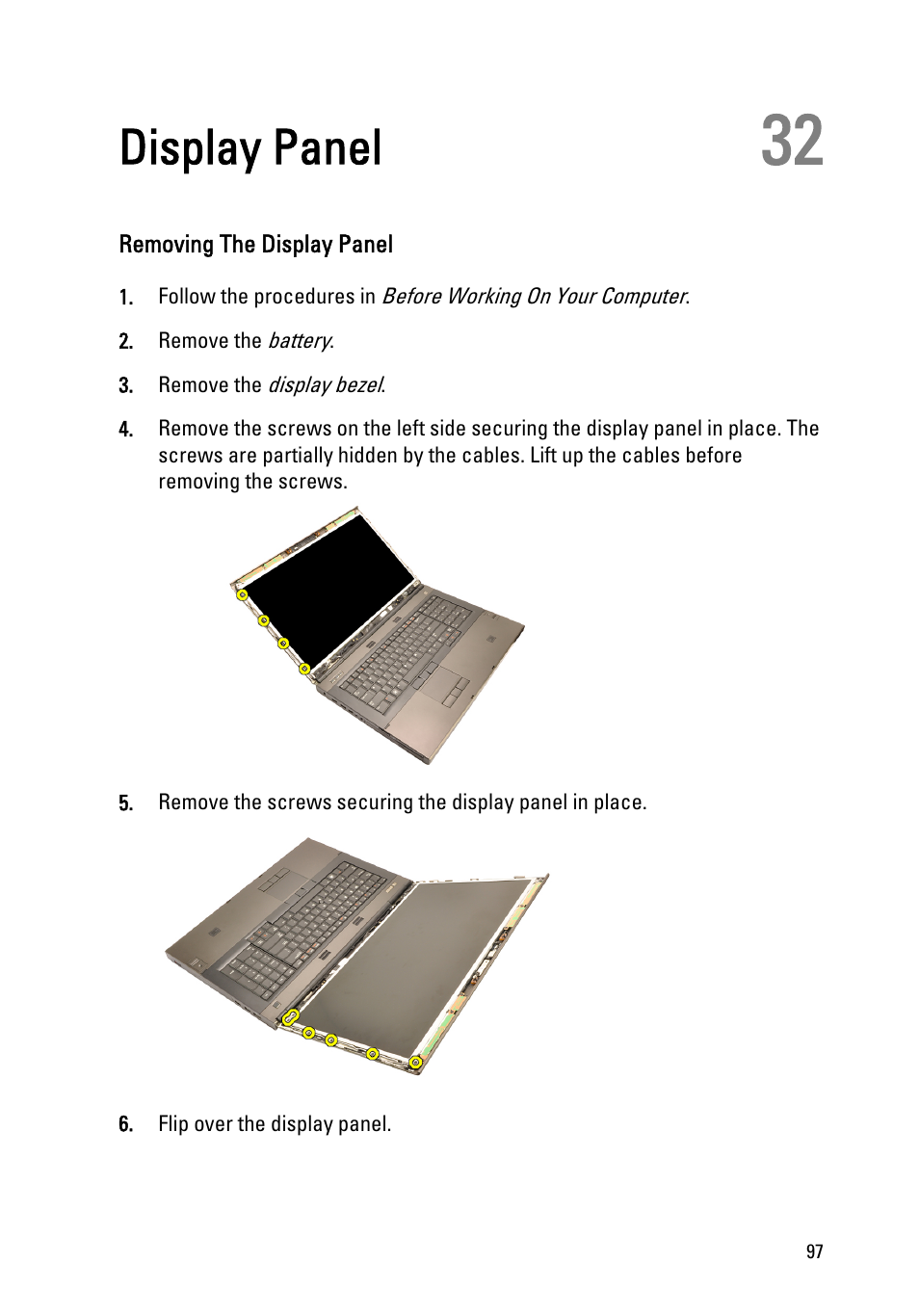 Display panel, Removing the display panel, 32 display panel | Dell Precision M6600 (Mid 2011) User Manual | Page 97 / 136