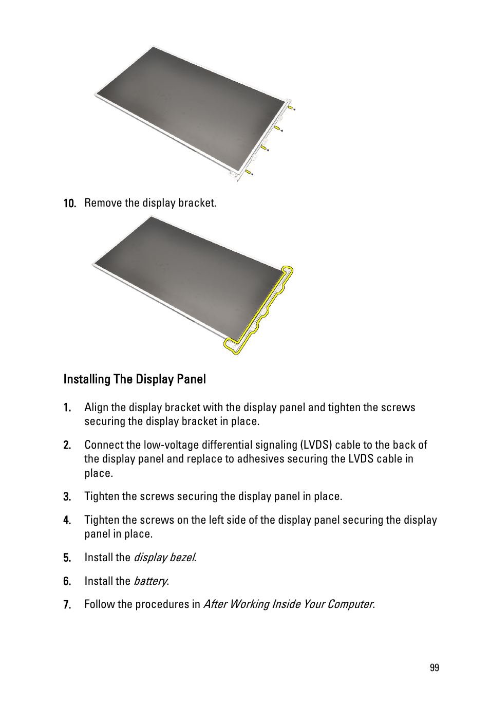 Installing the display panel | Dell Precision M6600 (Mid 2011) User Manual | Page 99 / 136