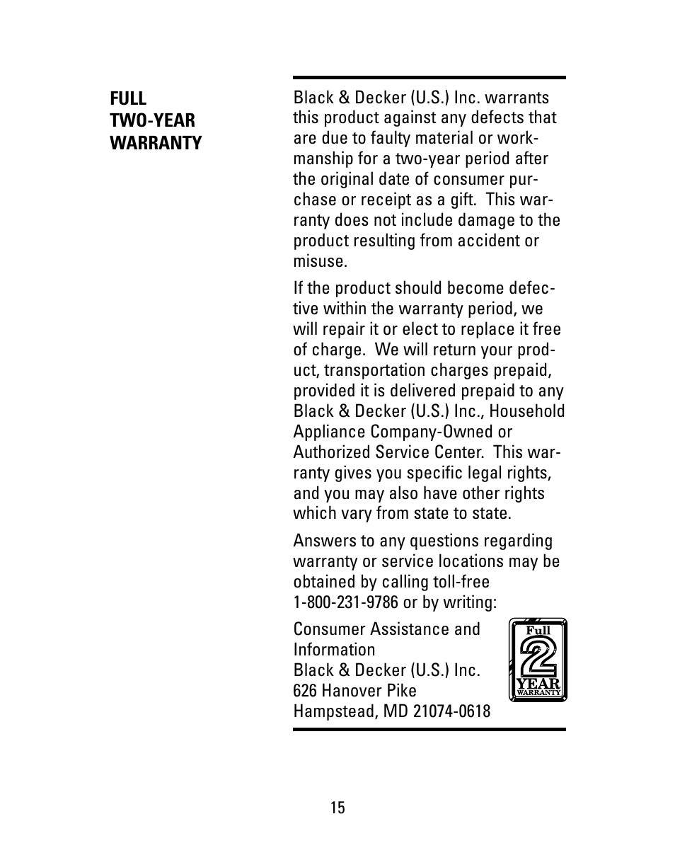Warranty | Black & Decker M22S User Manual | Page 15 / 16