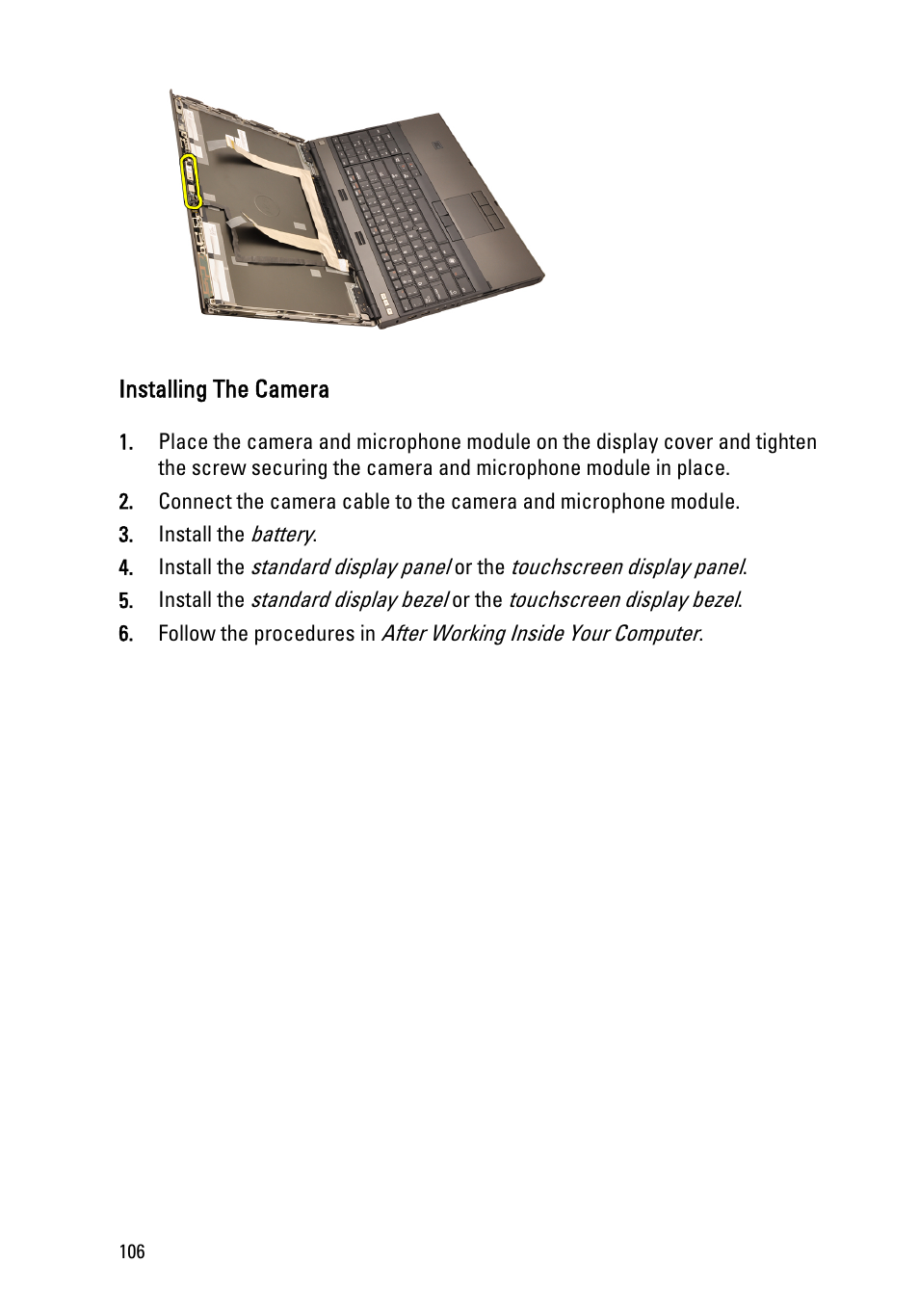 Installing the camera | Dell Precision M4600 (Early 2011) User Manual | Page 106 / 142