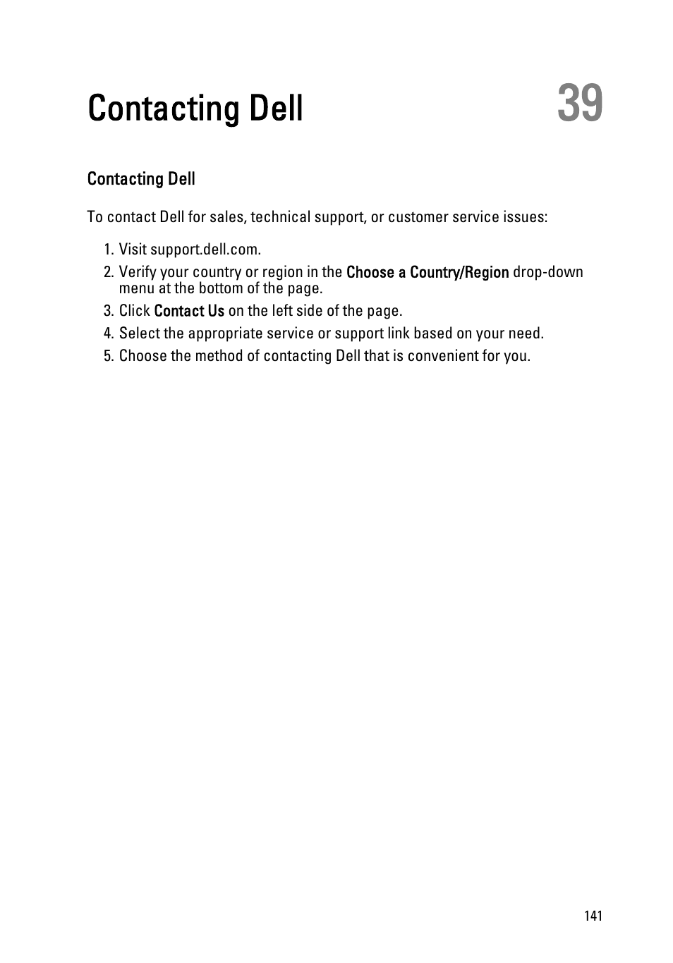 Contacting dell, 39 contacting dell | Dell Precision M4600 (Early 2011) User Manual | Page 141 / 142