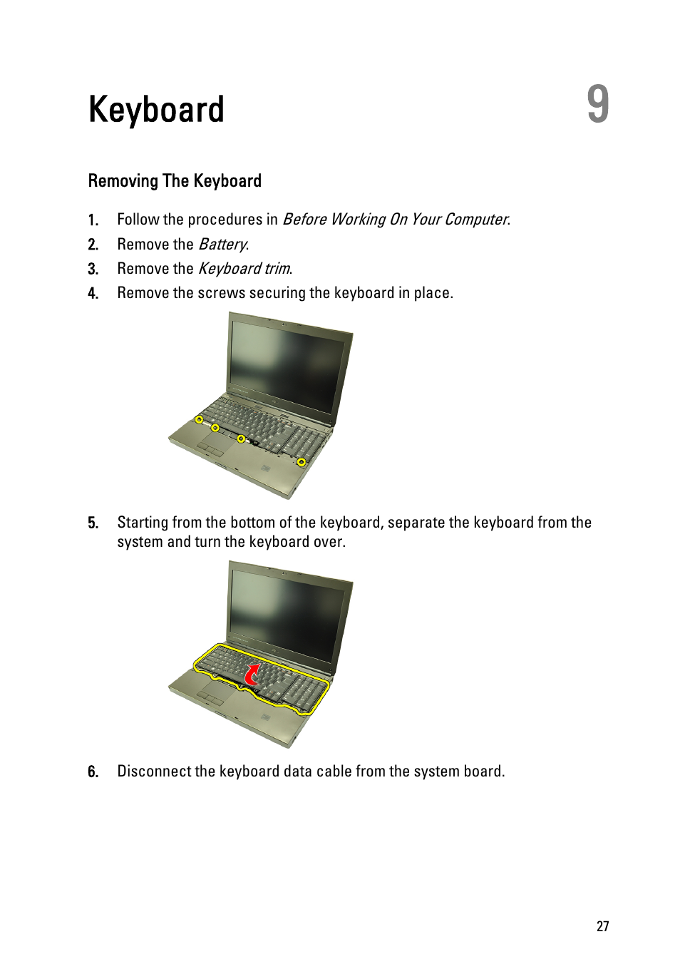 Keyboard, Removing the keyboard, 9 keyboard | Dell Precision M4600 (Early 2011) User Manual | Page 27 / 142