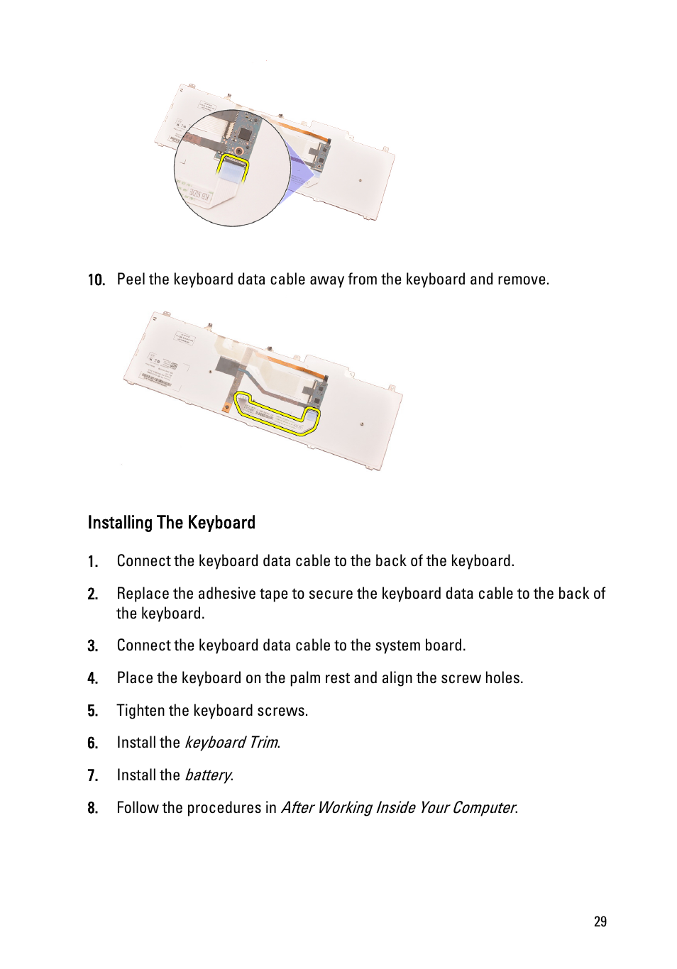 Installing the keyboard | Dell Precision M4600 (Early 2011) User Manual | Page 29 / 142