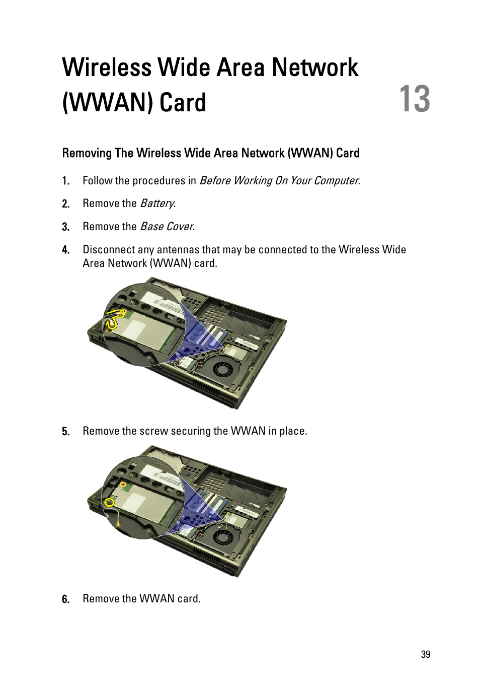 Wireless wide area network (wwan) card, 13 wireless wide area network (wwan) card | Dell Precision M4600 (Early 2011) User Manual | Page 39 / 142
