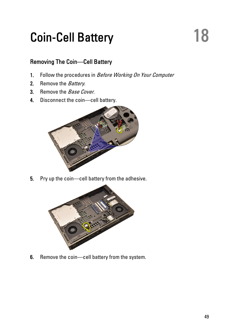Coin-cell battery, Removing the coin—cell battery, 18 coin-cell battery | Dell Precision M4600 (Early 2011) User Manual | Page 49 / 142