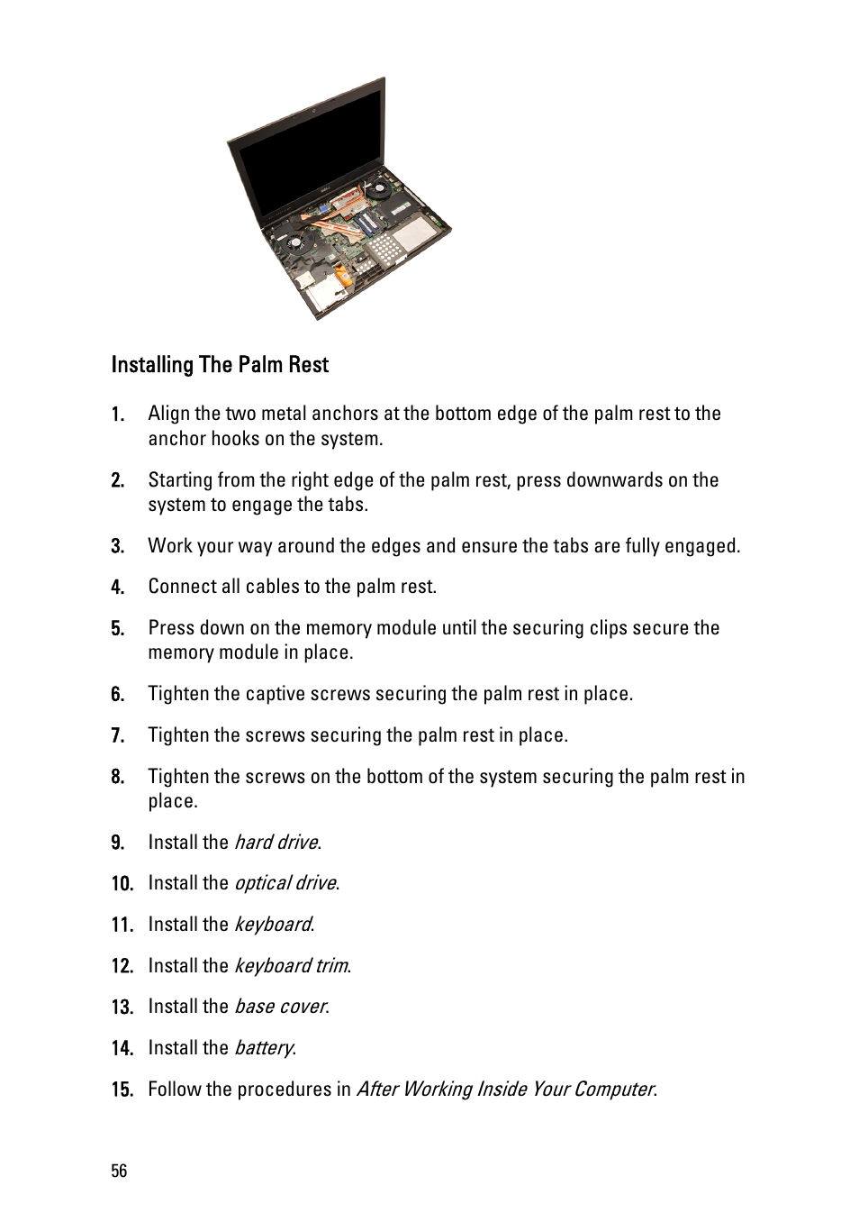 Installing the palm rest | Dell Precision M4600 (Early 2011) User Manual | Page 56 / 142