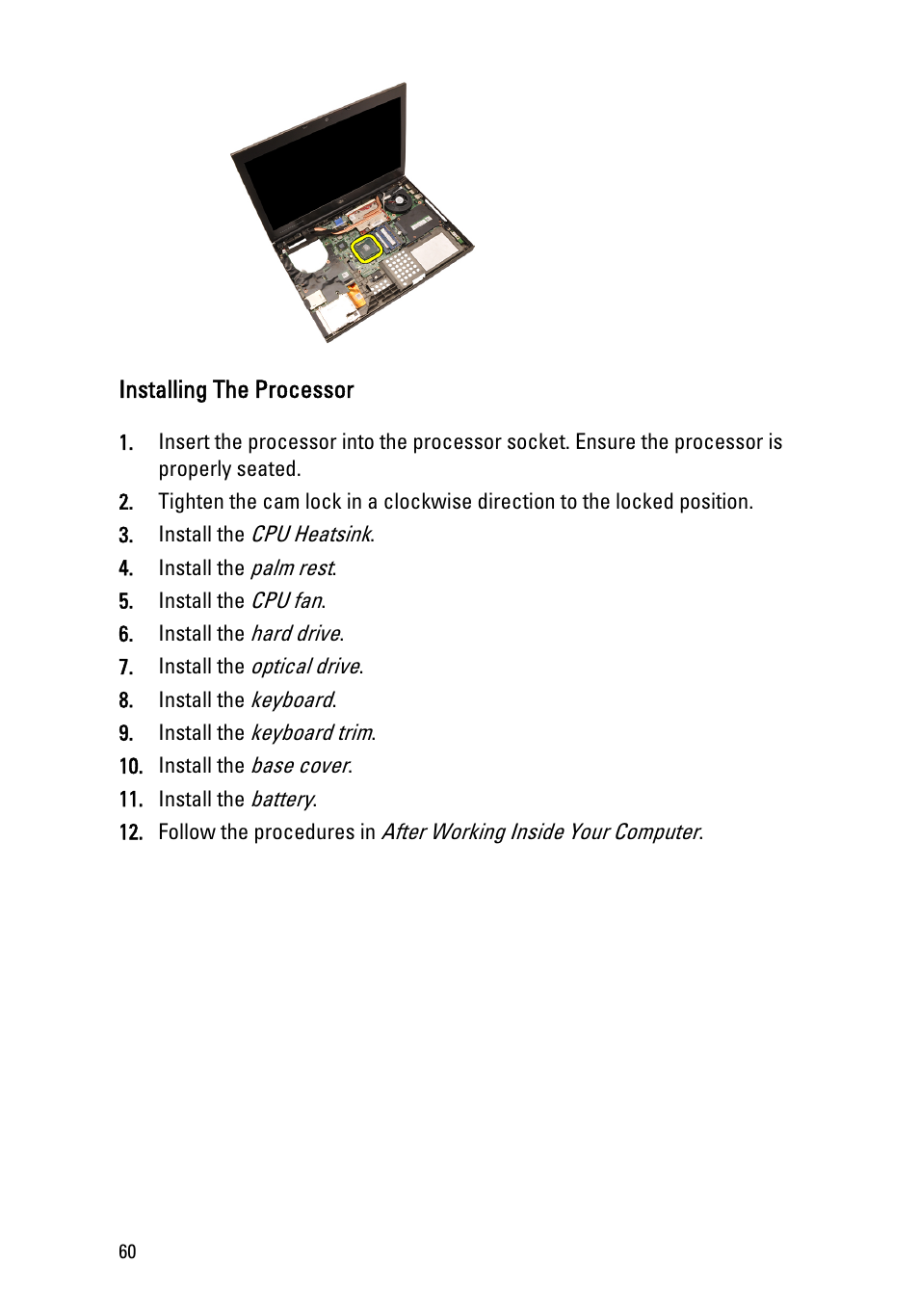 Installing the processor | Dell Precision M4600 (Early 2011) User Manual | Page 60 / 142