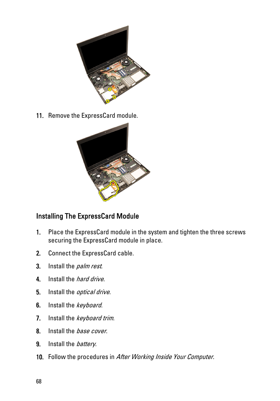 Installing the expresscard module | Dell Precision M4600 (Early 2011) User Manual | Page 68 / 142
