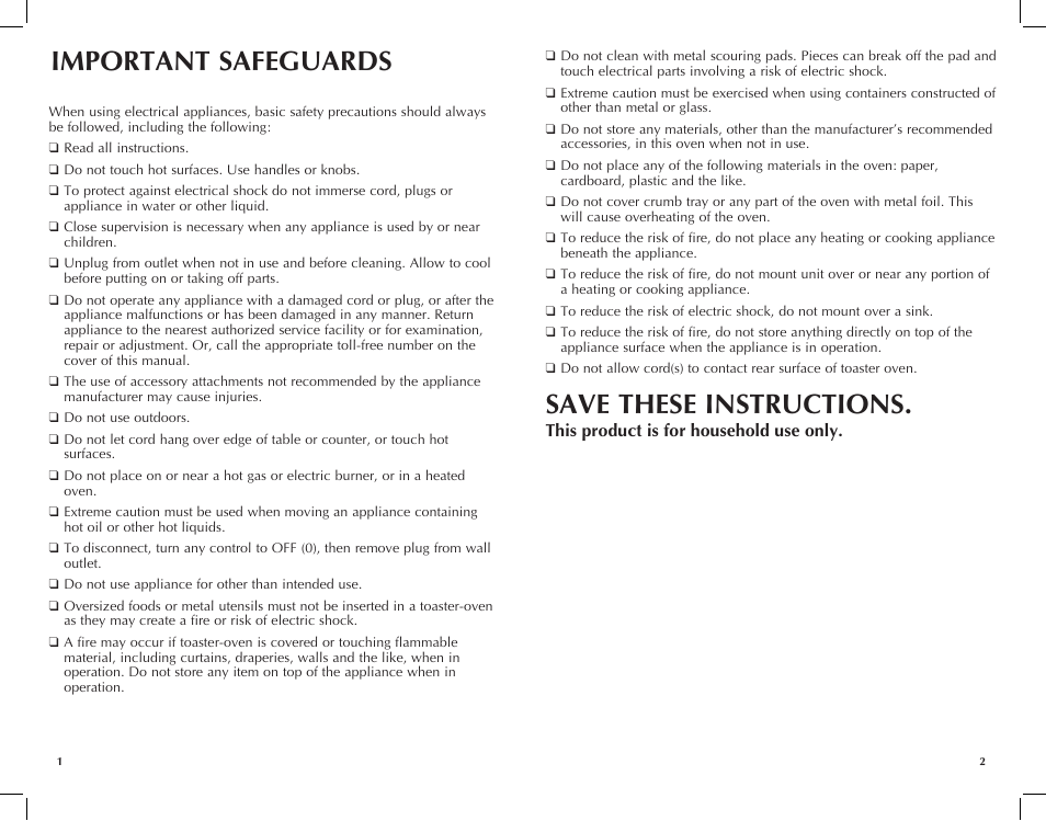 Important safeguards, Save these instructions, This product is for household use only | Black & Decker TRos1500 User Manual | Page 2 / 26
