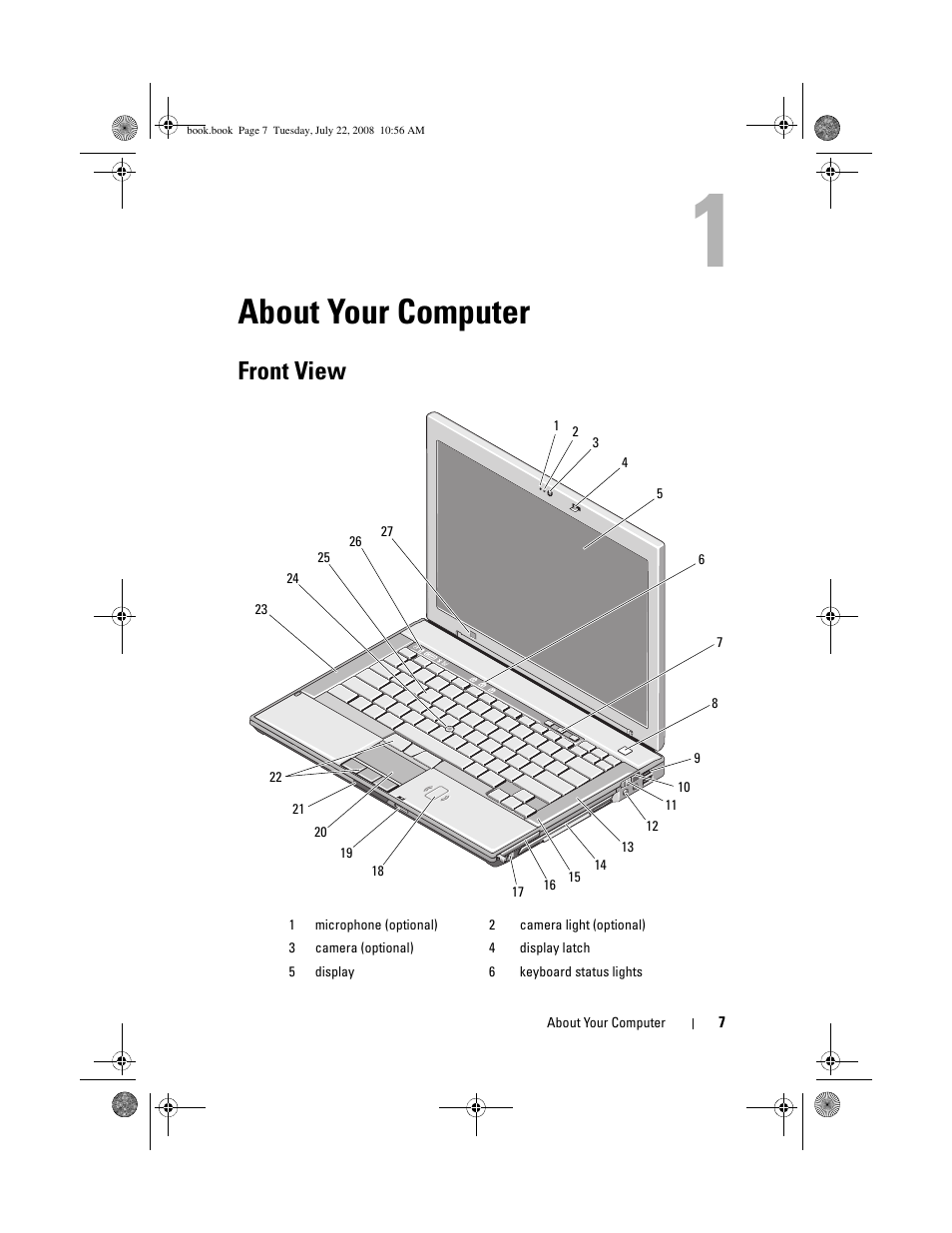 About your computer, Front view | Dell Precision M2400 (Mid 2008) User Manual | Page 7 / 70