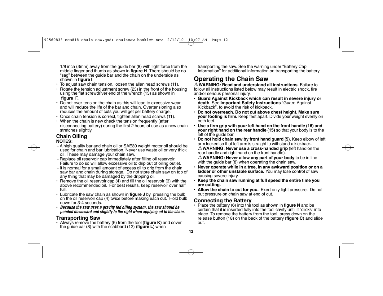 Operating the chain saw | Black & Decker CCS818 User Manual | Page 12 / 56