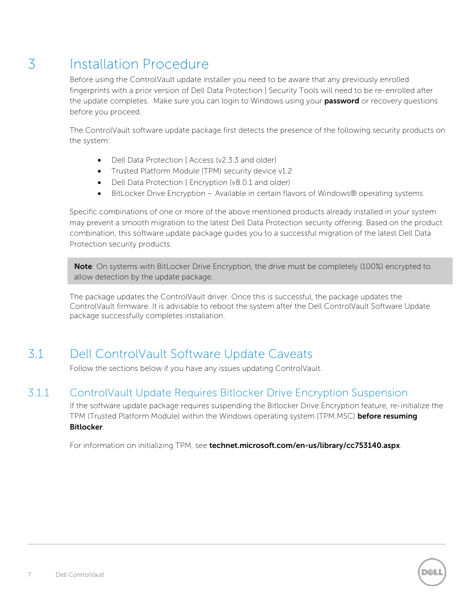 Installation procedure, Dell controlvault software update caveats, 3installation procedure | 1 dell controlvault software update caveats | Dell Precision M6800 (Late 2013) User Manual | Page 7 / 8