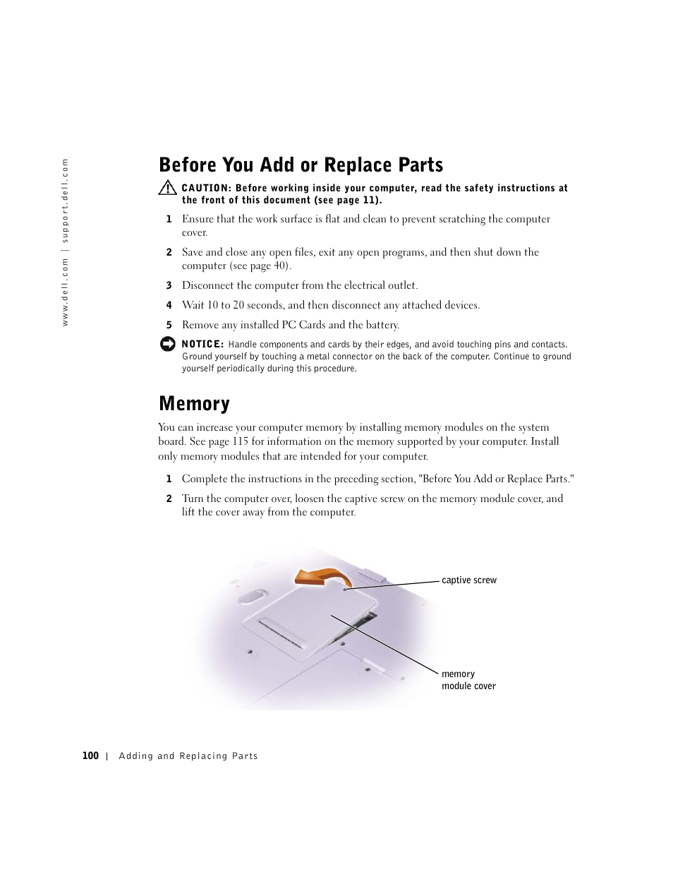 Before you add or replace parts, Memory, Before you add or replace parts memory | Dell Inspiron 5100 User Manual | Page 100 / 160