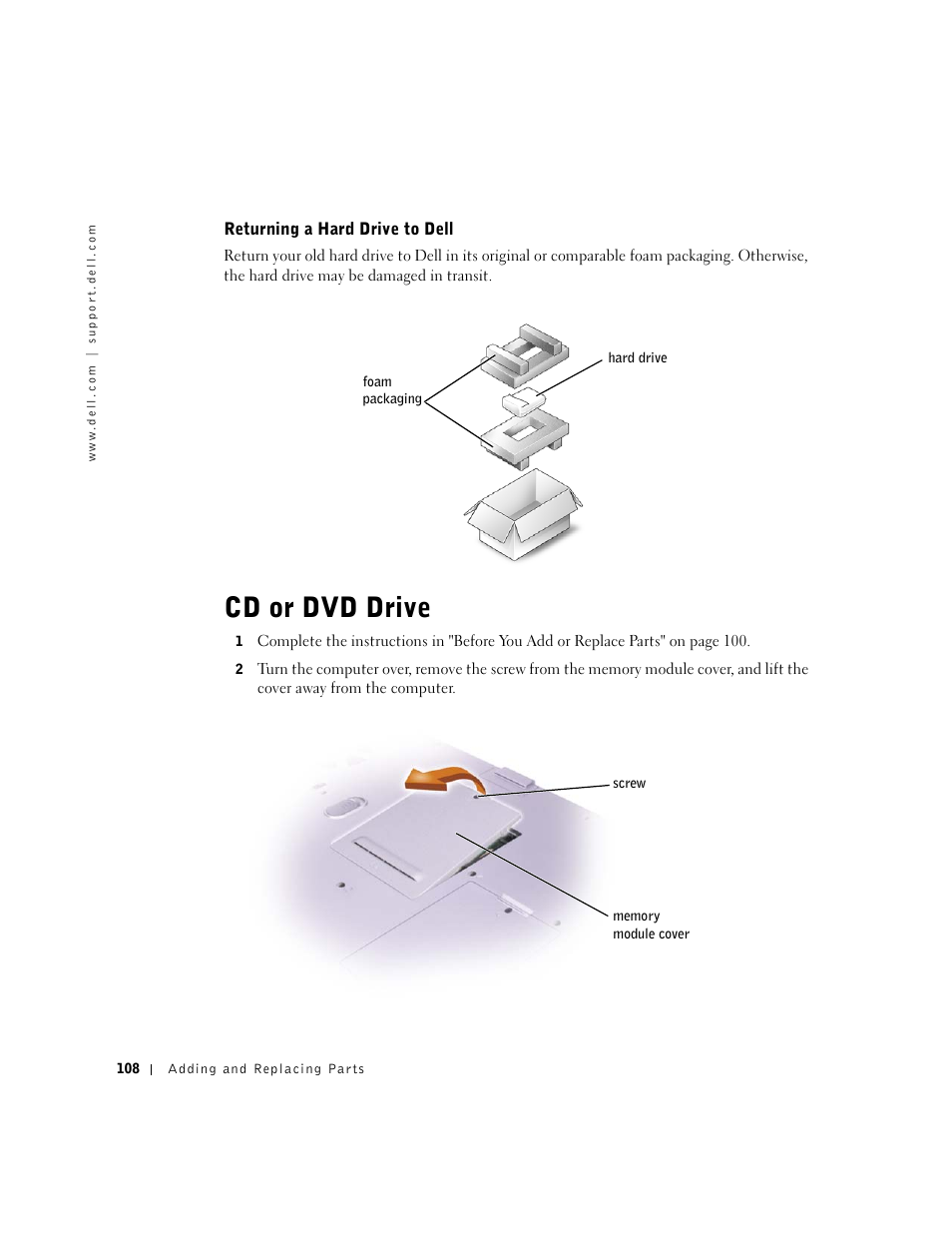 Cd or dvd drive, Returning a hard drive to dell | Dell Inspiron 5100 User Manual | Page 108 / 160