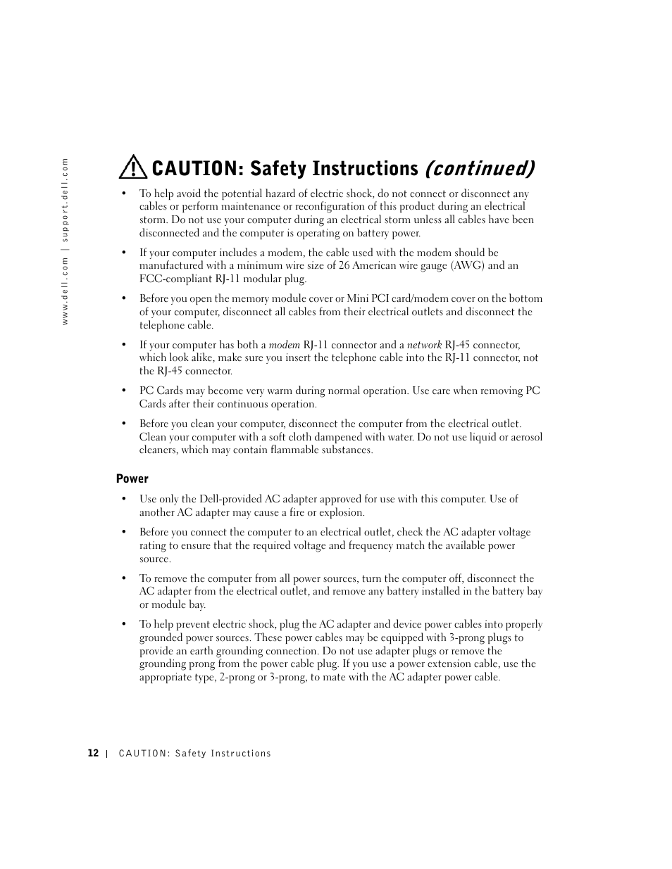 Power, Continued), Caution: safety instructions | Dell Inspiron 5100 User Manual | Page 12 / 160