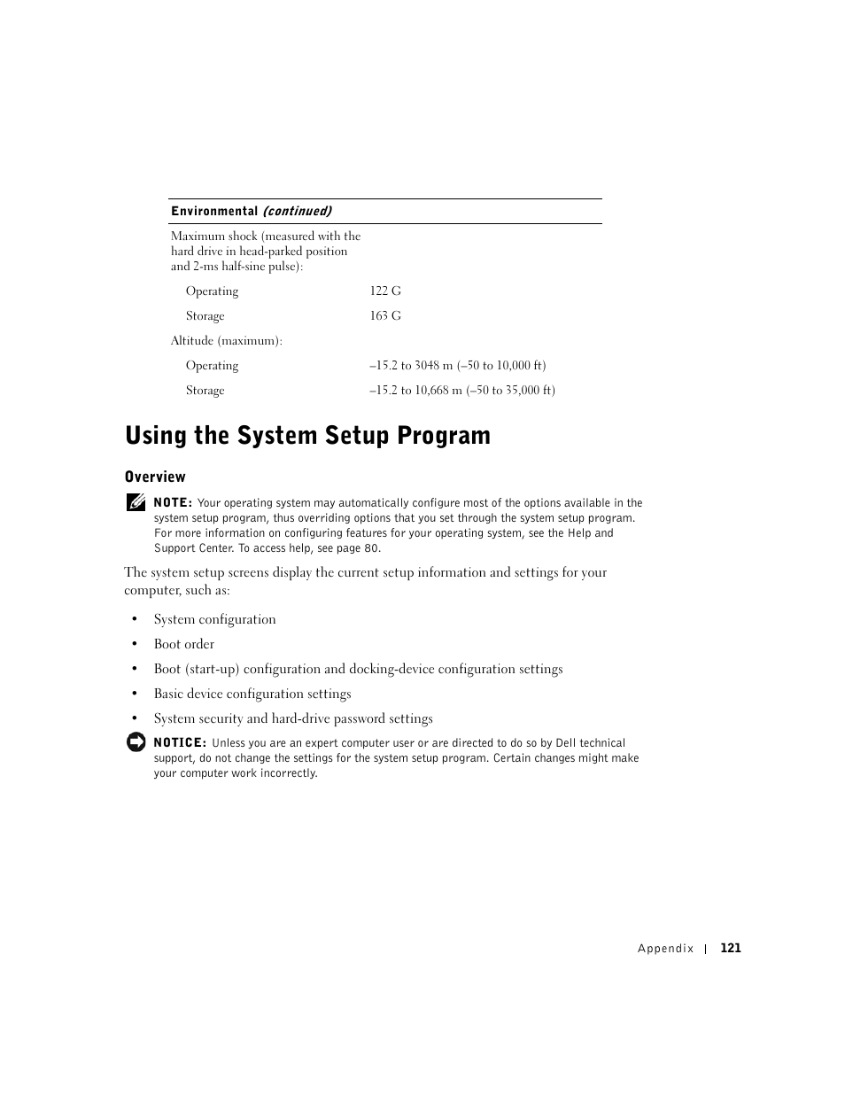 Using the system setup program, Overview | Dell Inspiron 5100 User Manual | Page 121 / 160