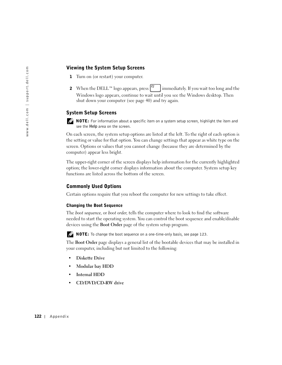 Viewing the system setup screens, System setup screens, Commonly used options | Dell Inspiron 5100 User Manual | Page 122 / 160
