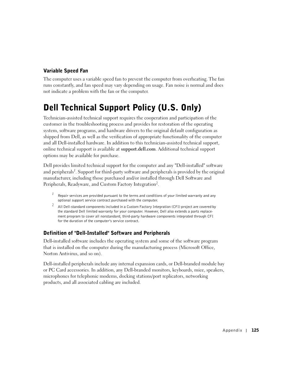 Dell technical support policy (u.s.only), Variable speed fan, Dell technical support policy (u.s. only) | Tions. see "dell, Dell technical | Dell Inspiron 5100 User Manual | Page 125 / 160