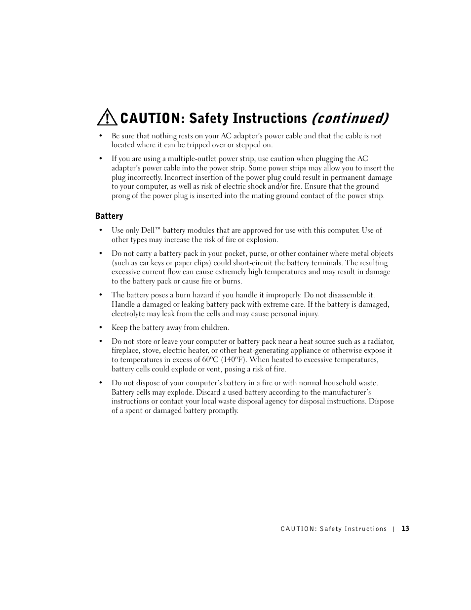 Battery, Continued), Caution: safety instructions | Dell Inspiron 5100 User Manual | Page 13 / 160