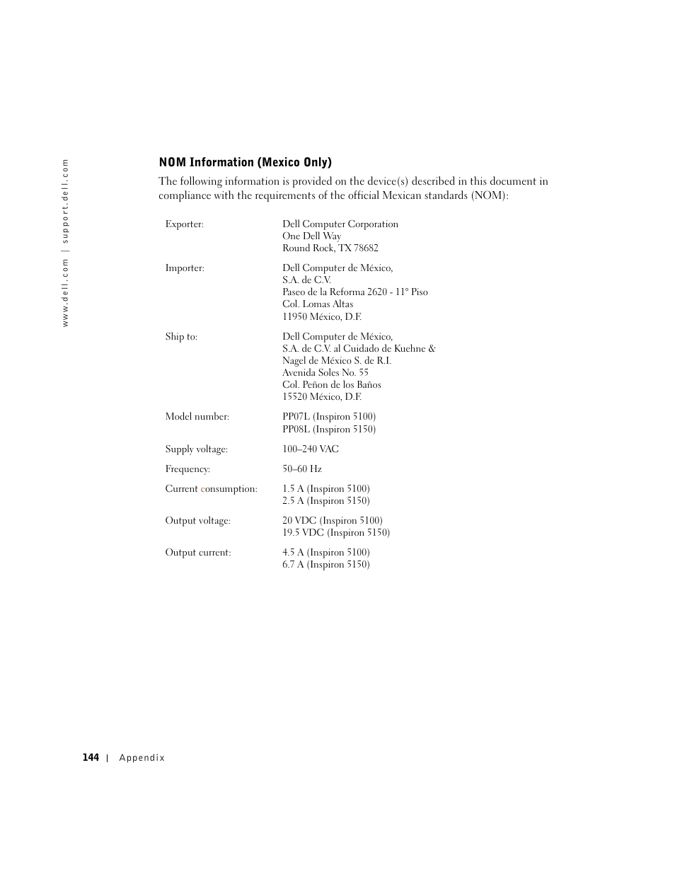 Nom information (mexico only) | Dell Inspiron 5100 User Manual | Page 144 / 160