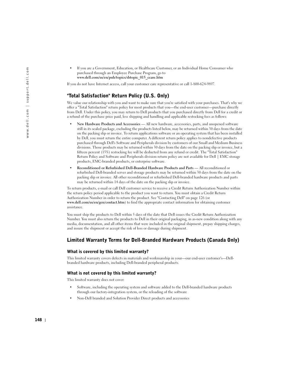 Total satisfaction" return policy (u.s. only) | Dell Inspiron 5100 User Manual | Page 148 / 160