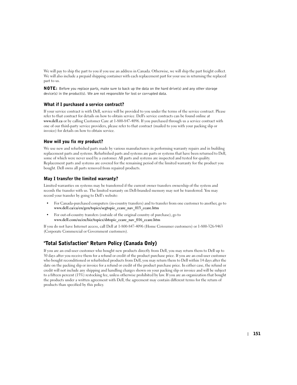 Total satisfaction" return policy (canada only) | Dell Inspiron 5100 User Manual | Page 151 / 160