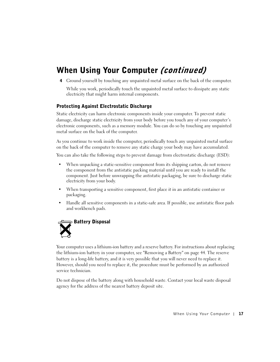 Protecting against electrostatic discharge, Battery disposal, Continued) | When using your computer | Dell Inspiron 5100 User Manual | Page 17 / 160