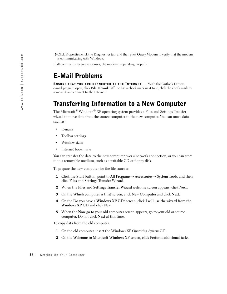 E-mail problems, Transferring information to a new computer | Dell Inspiron 5100 User Manual | Page 36 / 160