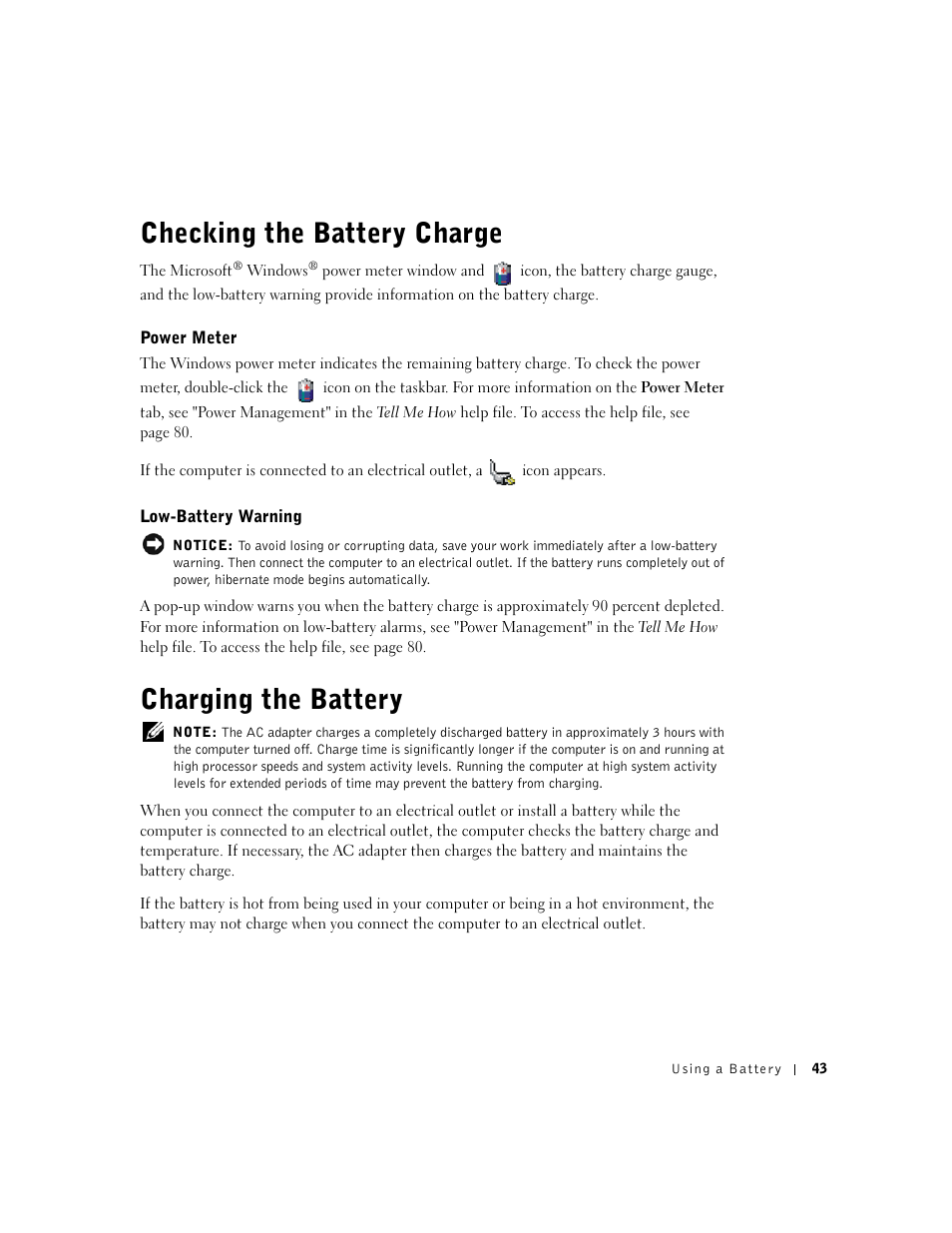 Checking the battery charge, Charging the battery, Power meter | Low-battery warning, Checking the battery charge charging the battery | Dell Inspiron 5100 User Manual | Page 43 / 160