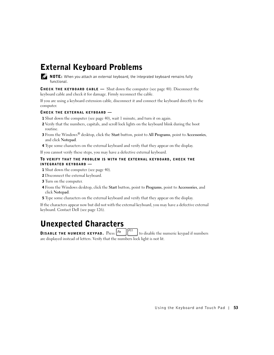 External keyboard problems, Unexpected characters, External keyboard problems unexpected characters | Dell Inspiron 5100 User Manual | Page 53 / 160
